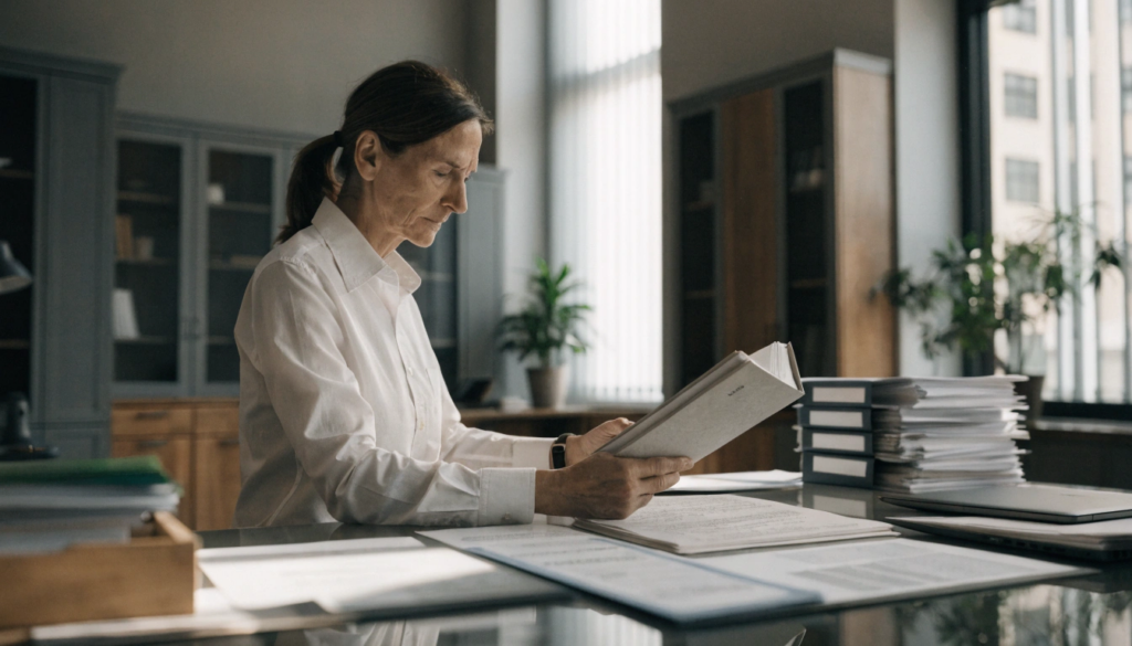 Woman reviewing deceased estate documents and records in an office