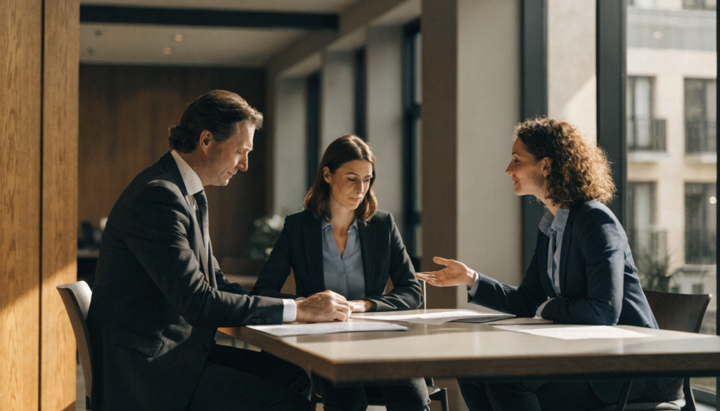 Executor and beneficiaries discussing estate documents during a legal meeting