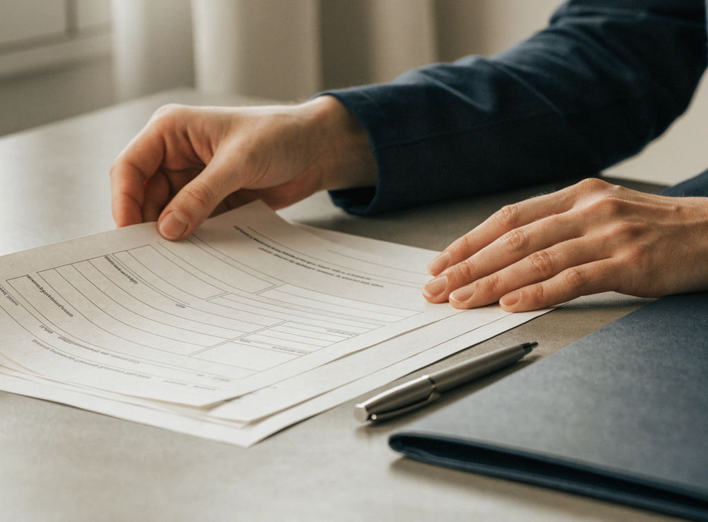 Close-up of a lawyer reviewing legal documents on an office desk with a pen.